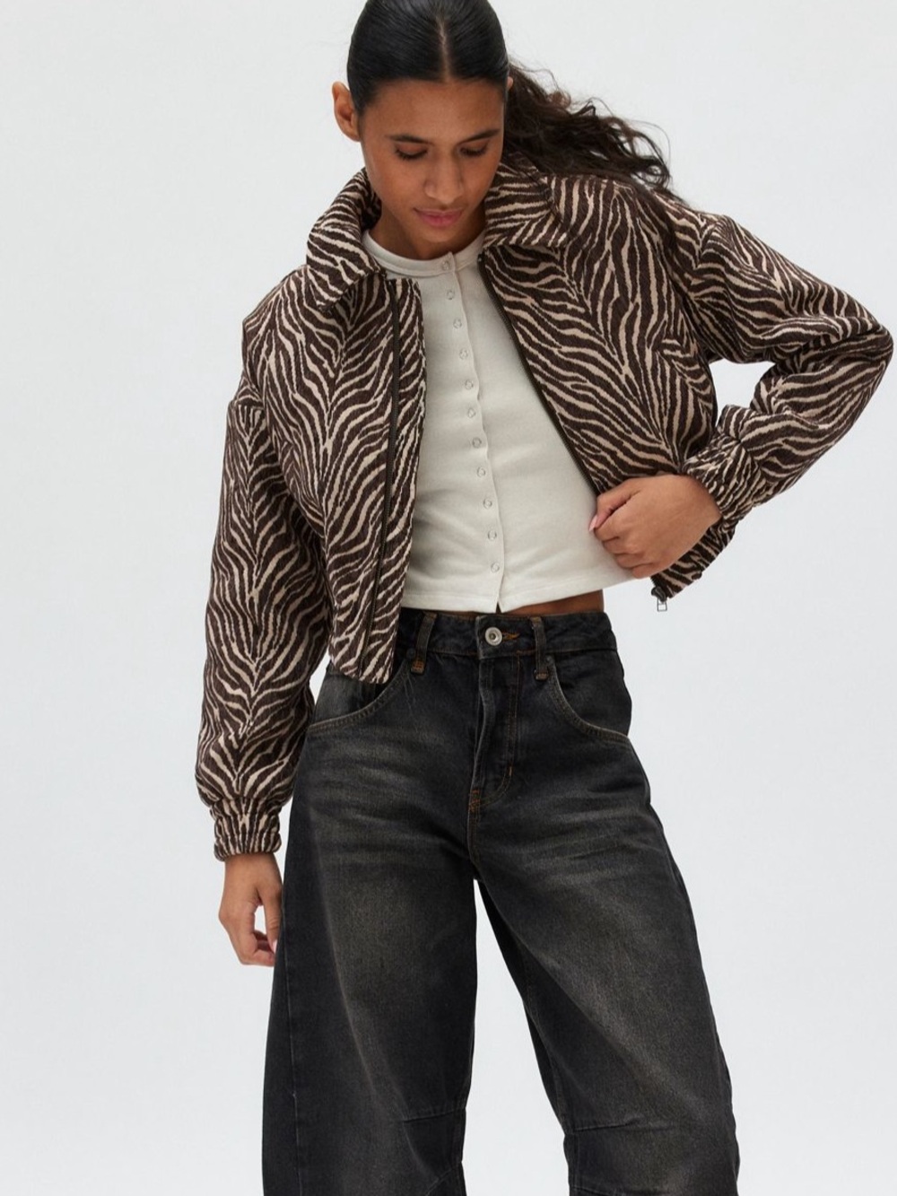 Kimchi Blue Evelyn Bomber Jacket Brown & Cream Zebra Print Cropped Size S P